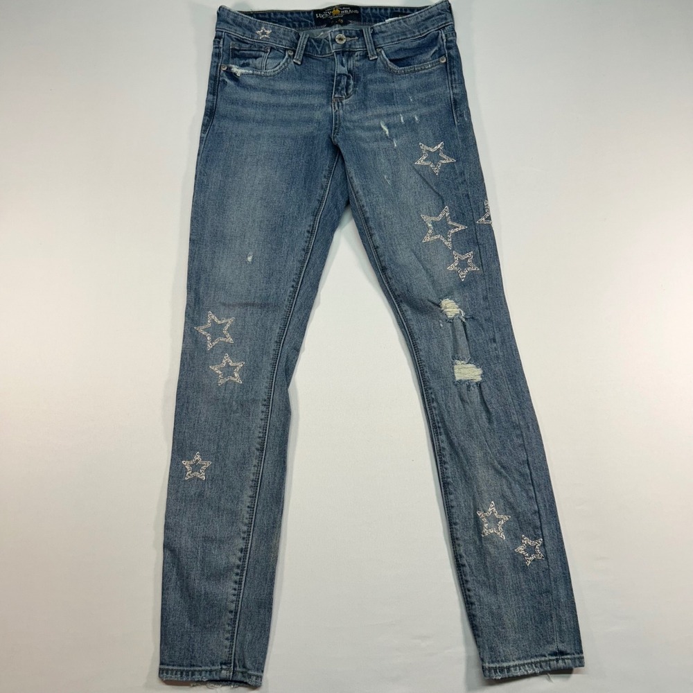 Lucky Brand Stella Skinny Jeans 0/25 Medium Wash Distressed Star Embroidered